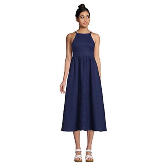 Land’s End Dress Pockets Linen halter smocked high neck adjustable midi navy XSP - Picture 1 of 5
